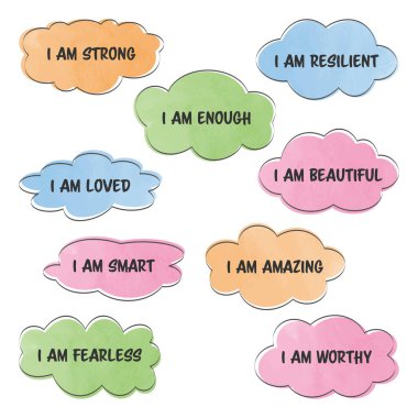 Beyaz arkaplanda izole edilmiş pozitif ifadelerle suluboya bulutları.