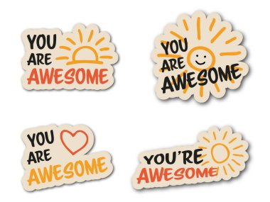 Pozitif onayla etiketlenmiş vektör renkli motivasyonel yazıtlar kümesi. Harikasın..