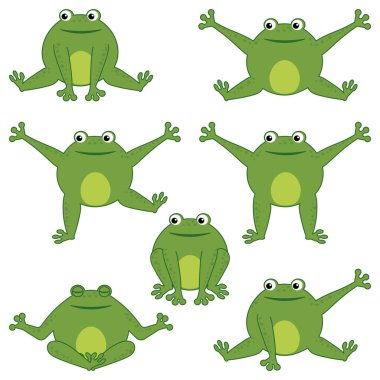 Beyaz arka planda izole edilmiş komik yeşil çizgi film şirin kurbağalar.