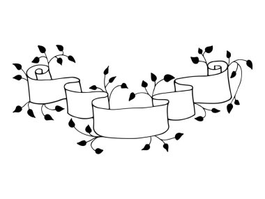 Beyaz arka planda kıvrımlı tomarlı siyah kurdele afişi, çiçek dalları, yapraklar, bitkiler. Zarif, estetik, stil sahibi tek renkli el botanik elementlerin karalamalarını çiziyor..