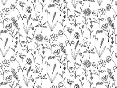 Kusursuz çiçek deseni, bitkiler. Elle çizilmiş vektör klasik botanik elementler. Çizgi çalışması. Botanik taslak çizimi. Dekorasyon için zarif, estetik, stil öğeleri. 