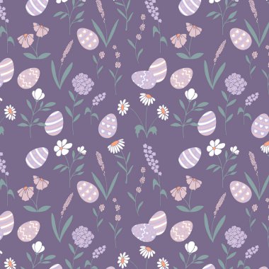 Kusursuz Paskalya renksiz pastel botanik desenli çiçekler, bitkiler, düz stil yumurtalar. Zarif, estetik, stil sahibi el çizimi vektör klasik botanik elementler.  