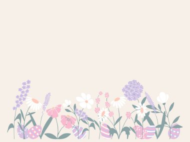 Çok renkli Paskalya pastel botanik desenli çiçekler, bitkiler, düz bir şekilde yumurtalar. Zarif, estetik, şık bir el çizimi vektör klasik botanik elementler. Kopyalama alanı olan arkaplan.