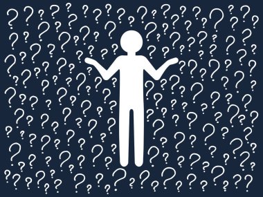 Kafası karışmış insan silueti, el yazısıyla çizilmiş soru işaretlerinin arka planında düşünceli bir duruş sergiliyor. Seçim, problem çözme konsepti. Vektör insanlar karakter illüstrasyonunu satır biçimi