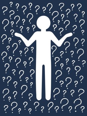 Kafası karışmış insan silueti, el yazısıyla çizilmiş soru işaretlerinin arka planında düşünceli bir duruş sergiliyor. Seçim, problem çözme konsepti. Vektör insanlar karakter illüstrasyonunu satır biçimi