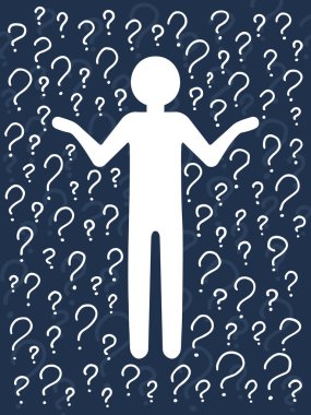 Kafası karışmış insan silueti, el yazısıyla çizilmiş soru işaretlerinin arka planında düşünceli bir duruş sergiliyor. Seçim, problem çözme konsepti. Vektör insanlar karakter illüstrasyonunu satır biçimi