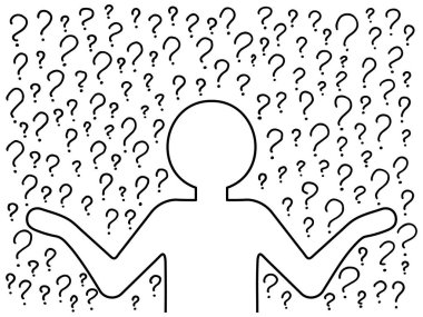 Kafası karışmış insan silueti, el yazısıyla çizilmiş soru işaretlerinin arka planında düşünceli bir duruş sergiliyor. Seçim, problem çözme konsepti. Vektör insanlar karakter illüstrasyonunu satır biçimi