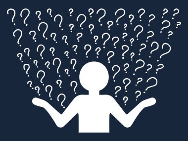 Kafası karışmış insan silueti, el yazısıyla çizilmiş soru işaretlerinin arka planında düşünceli bir duruş sergiliyor. Seçim, problem çözme konsepti. Vektör insanlar karakter illüstrasyonunu satır biçimi