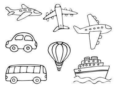  Ulaşım el çizimi vektör karalamalarının simgesi. Araç el çizimi simgeler, çizim tarzında çizgi hatları. Doodle taşımacılığı. 