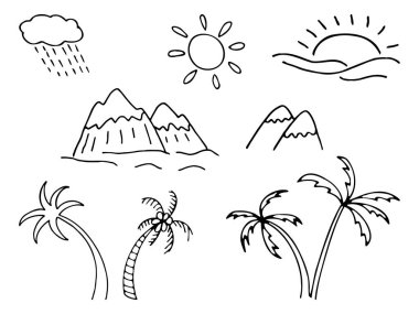 Yaz tatili seyahati için ikon manzara elementleri, el çizimi vektör karalamaları. Çeşitli hurma ve dağlardan oluşan ikonlar. Çizim biçiminde çizgi konturu.