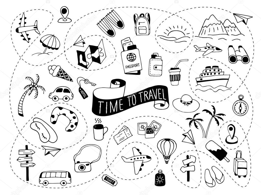 Time to travel. Icon set of elements for summer vacation travel, hand drawn vector doodles in line style. Line contour  in sketch style.