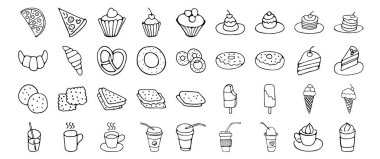 Yemek ve içecek ikonu, fast food, tatlı, kurabiye, kahve. El çizimi vektör monokrom karalamaları çizgi şeklinde. Çizim biçiminde çizgi konturu.