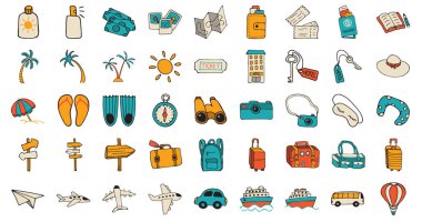 Yaz tatili seyahati için simge kümesi, düz çizilmiş vektör karalamaları.