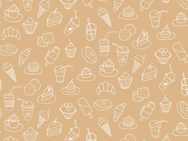 Kusursuz yemek ve içecek düzeni, fast food, tatlı, kurabiye, kahve. Çizgi biçiminde elle çizilmiş tek renkli vektör karalamaları
