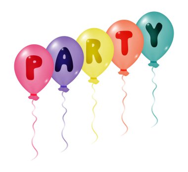 Parti 'den bir deste renkli balon. Kutlama ve doğum günü tatili kavramı. Şeffaf arkaplanda izole edilmiş kurdeleli uçan helyum topu çizimi. 
