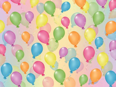 Çok renkli arka planda uçan helyum balonları ve kurdelelerle kutlama arka planı. Parti kavramı ve mutlu yıllar..