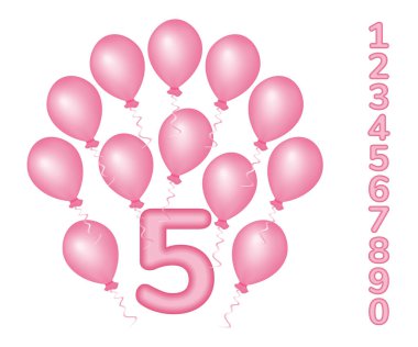 Pembe balonlarla geçmiş kutlaması ve Mutlu Yıllar mesajı. Şeffaf arkaplanda bayram tebrik kartı ve parti davetiyesi tasarımı. Bebek ve çocuklar parti dekorasyonu