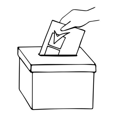 El, oy pusulasını oy sandığına koyuyor. Seçim oylaması konsepti. Monokrom oy sandığı ikonu. Şeffaf arkaplanda izole edilmiş satır biçimi logosu. El çizimi karalama