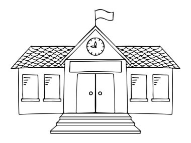 Okul binası ikonu, resmi bina, merkez istasyon, belediye binası, mahkeme, hükümet koltuğu. Şeffaf arkaplanda el çizimleri var. Taslak çizimi