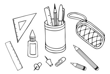 El yapımı okul malzemeleri. Okula geri dönüyorum. Okul kırtasiye eşyaları koleksiyonu. Şeffaf arkaplanda taslak simgesi ayarlandı. Satır sanatı. 