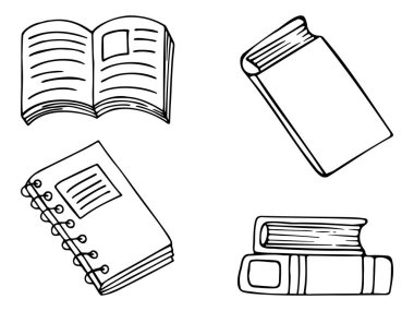 Tek renkli ikon kitap seti, defter, defter, egzersiz kitabı, yığınla kitap. Şeffaf arkaplanda izole edilmiş satır biçimi logosu. El çizimleri. Vektör illüstrasyonu