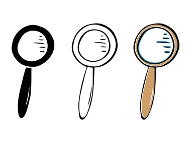 Simge büyüteç seti, büyüteç, hoparlör, lens. Çizgi stili logo, düz stil, şeffaf arkaplanda izole edilmiş siluet. El çizimleri. Vektör illüstrasyonu 