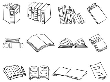 Tek renkli ikon kitap seti, defter, defter, egzersiz kitabı, yığınla kitap. Şeffaf arkaplanda izole edilmiş satır biçimi logosu. El çizimleri. Vektör illüstrasyonu 