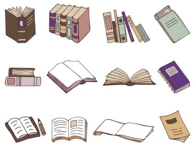 Simge seti, defter, defter, egzersiz kitabı, bir yığın kitap. Şeffaf arkaplanda izole edilmiş düz stil logo. El çizimleri. Vektör illüstrasyonu 