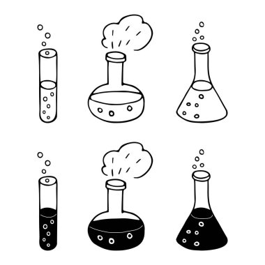 Kimyasal reaksiyonlu şeffaf cam. Laboratuvar test tüpleri. Deney ekipmanları. Şeffaf arkaplanda izole edilmiş düz stil logo. El çizimleri. Vektör illüstrasyonu 