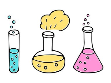 Kimyasal reaksiyonlu şeffaf cam. Laboratuvar test tüpleri. Deney ekipmanları. Şeffaf arkaplanda izole edilmiş düz stil logo. El çizimleri. Vektör illüstrasyonu 