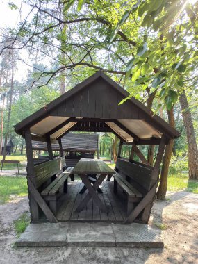 Parktaki çardak. Açık havada piknik masası olan kırsal ahşap bir pavyon. Yazlık ev. Bahçe evi