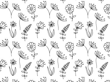 Kusursuz tek renkli botanik desenli çiçekler, şeffaf bir arkaplanda sıra halinde bitkiler. Vektör klasik botanik elementlerin el çizimleri. 