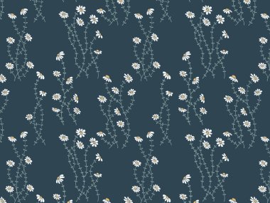 Çiçeklerin, çiçeklerin, papatyaların papatyaların, papatyaların kusursuz deseni. Dekorasyon için dekoratif unsurlar. Düz biçimdeki vektör botanik elementlerin el çizimleri