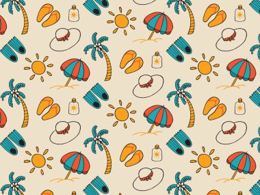 Avuç içi, güneş, plaj şemsiyesi, şapka, terlik, yaz tatili için plaj elementleri. El çizimi vektör karalamaları düz şekilde