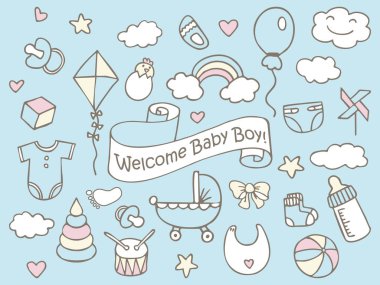 Hoş geldin Baby Boy! Renkli çıkartmalar, ikonlar, çocukların komik desenleri. Elle çizilmiş karalamalar çocuk unsurlarını çiziyor. Çocuk çizim stili tasarım elementleri