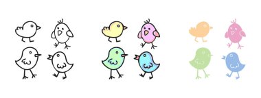 Eğlenceli renkli karalamalar tavuk ve çocuk rozeti, ikonlar. Elle çizilmiş karalama çocuk unsurları. Çocuklar biçim tasarım ögeleri çizer
