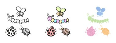 Eğlenceli renkli karalamalar kelebekler ve çocuk rozeti çiçekleri, ikonlar. Elle çizilmiş karalama çocuk unsurları. Çocuklar biçim tasarım ögeleri çizer