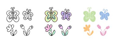 Eğlenceli renkli karalamalar kelebekler ve çocuk rozeti çiçekleri, ikonlar. Elle çizilmiş karalama çocuk unsurları. Çocuklar biçim tasarım ögeleri çizer