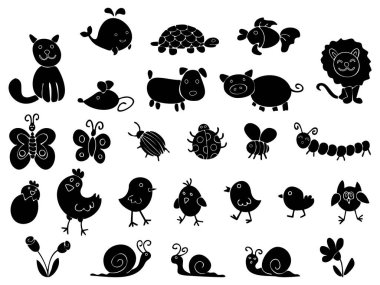 Eğlenceli, tek renkli hayvanlar, çocuk rozeti ve ikonlar çiziyor. Elle çizilmiş karalama çocuk unsurları. Çocuklar biçim tasarım ögeleri çizer