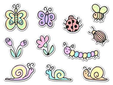 Eğlenceli renkli karalamalar, çocuk hayvan çıkartmaları. Kelebekler, çiçekler, salyangozlar, böcekler, uğur böceği, solucan, tırtıl, arı, eşek arısı, yaban arısı, böcekler. El çizimi çocuk unsurları
