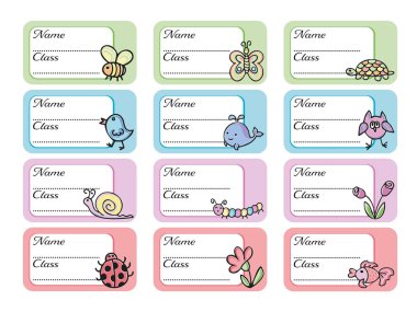 Şirin çocuk simgelerinin olduğu defter etiketleri, renkli tasarım, okul kitapları için şablonlar. Not defteri için parlak isim etiketleri ayarla. Okul etiketlerine geri dönelim. İsim ve Sınıf