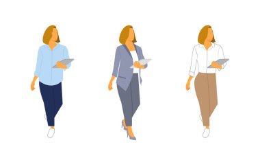 Farklı ofis elbiselerindeki kadınlar dizüstü bilgisayarlarıyla ayakta duruyorlar. Ofis çalışanı ya da uzaktan iş konsepti. Vektör çizimi. Düz.