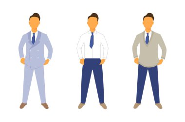 Farklı ofis kıyafetleri içinde ayakta duran adamlar. Ofis çalışanı ya da iş adamı. Vektör çizimi. Düz.