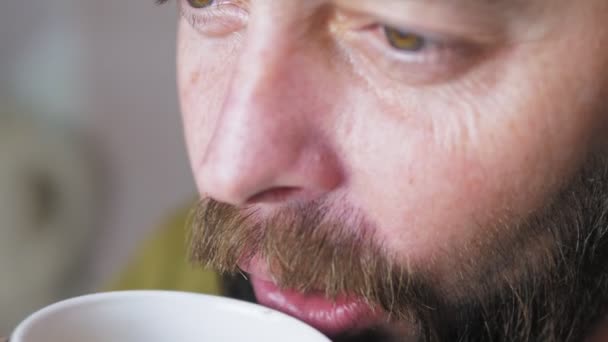Caucasian Bearded Man Drinking Coffee Kitchen Close Man Partially Gray — Stock Video