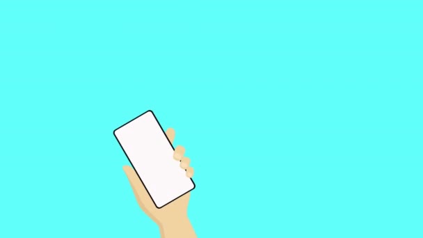 携帯電話の画面に触れる2本目の手の指である白い画面のスマートフォンを持つ人間の手のアニメーション映像 人差し指でタッチパッドに触れるアニメーション — ストック動画