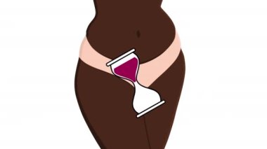 Animation of a dark-skinned woman in her underwear with a rotating hourglass. Concept of the onset of menopause. Female reproductive system. High quality 4k footage