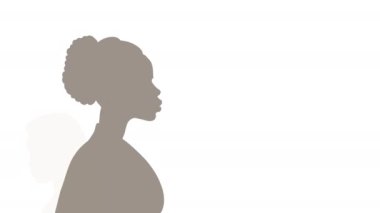 A variety of female silhouettes standing sideways. Strong and brave girls of different nationalities support each other. Concept of equality, international womens day, activism, feminism. Silhouette