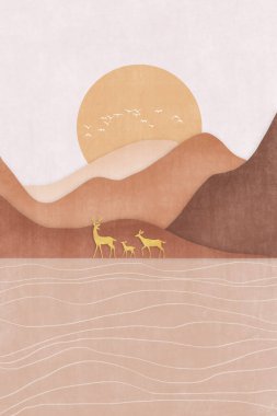 Mermer desenli geometrik dağ zirvesi, güneş, kuş ve geyikten oluşan sanatsal tablo, ve altın çizgi deseni.