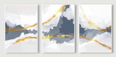 Soyut beyaz ve mavi mürekkep deseni sanat deseni, altın çizgi, bulut gökyüzü resmi.