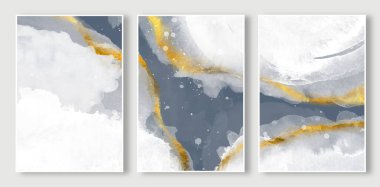 Soyut beyaz ve mavi mürekkep deseni sanat deseni, altın çizgi, bulut gökyüzü resmi.